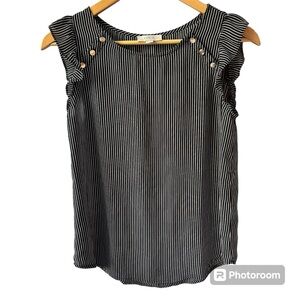 Loft Outlet Short‎ Sleeve Striped Ruffle Tank Size XS Black White Buttons